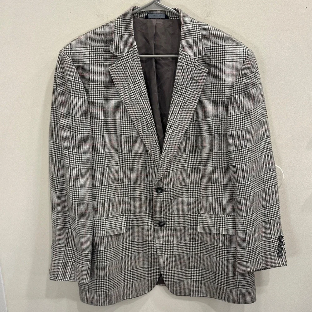 Brooks Brothers Silk Linen Wool Glen Plaid Sport Coat Blazer Gray Red 42R Preppy